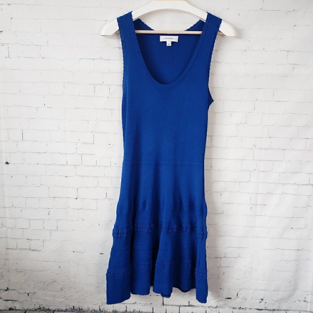 Carven Dress Size L Royal Blue Sleeveless Stretch Knit Body Con Fit Flare Hem